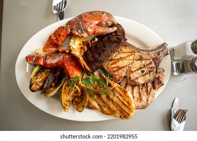 Surf And Turf Beef Bbq Ribs T Bone Steak Cheese Shrimps Lobster Chop