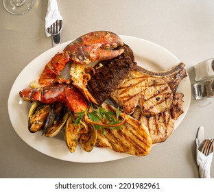 Surf And Turf Beef Bbq Ribs T Bone Steak Cheese Shrimps Lobster Chop