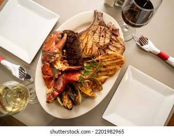 Surf And Turf Beef Bbq Ribs T Bone Steak Cheese Shrimps Lobster Chop