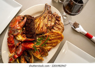 Surf And Turf Beef Bbq Ribs T Bone Steak Cheese Shrimps Lobster Chop