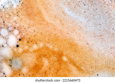 The Surface Of Coffee Foam. Macro. Abstract, Detail Texture, Close Up Background.