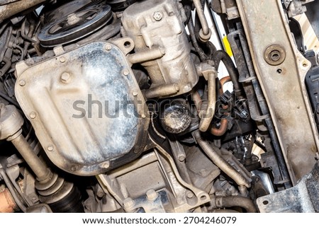 Surface contamination on engine components indicates overdue maintenance and potential failure points. selective focus