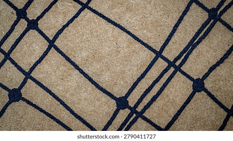 The surface displays a blue rope pattern formed into a grid on a brown background showing texture and design.