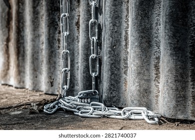 Surface level view of a long metal chain and combination lock attached to a metal pole on a building in the UK. Used to chain up bikes to prevent theft, common in this area.