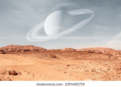 Surface of Mars planet with Saturn planet . Elements of this image furnished by NASA.