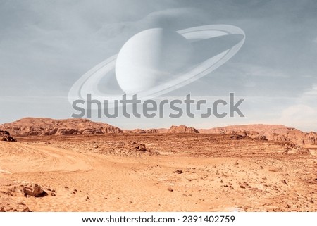 Surface of Mars planet with Saturn planet . Elements of this image furnished by NASA.