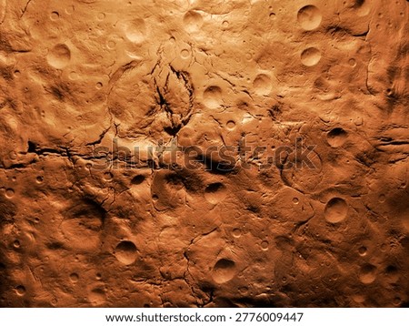 Surface of Mars, view from space. Martian desert with craters. Cracks in the soil of the red planet.