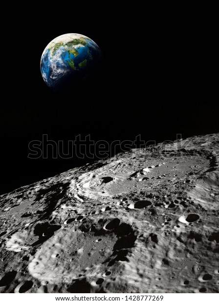 Surface of the Moon. Craters. Planet Earth on the\
dark background. Apollo space program. Elements of this image\
furnished by NASA.