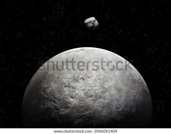 Surface of the moon with craters,\
planetary satellite. Secondary planet with asteroid.\
