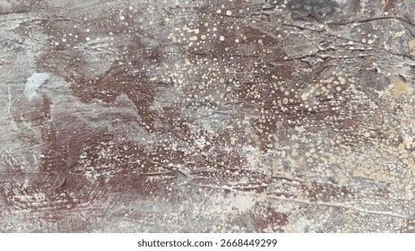 A surface with multiple layers of paint, revealing different colors and a rough, mottled texture.