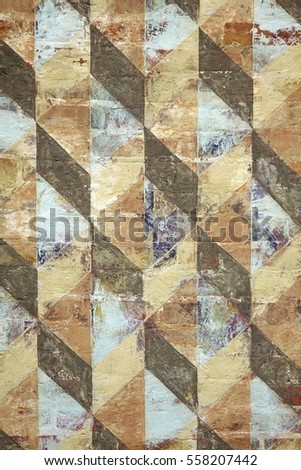 Surface Of Old Plastered Wall With Colorful Black Brown Beige White Geometrical Architecture Symmetrical Rhombus Or Diaper Repeated Pattern Vertical Background Texture Wallpaper
