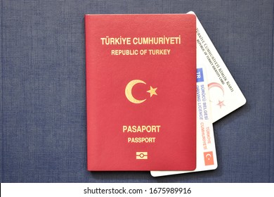 Surface Passport of Turkey, Turkish identity card and Driving Licence of Turkey on blue background