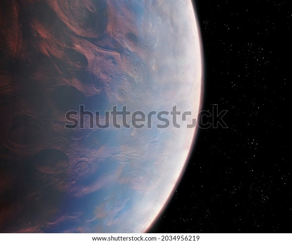 Surface of the planet with craters is visible\
through the atmosphere with clouds. Close-up of the surface of an\
alien planet, view from\
space.