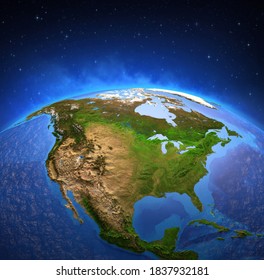 Surface Of Planet Earth Viewed From A Satellite, Focused On North America. Physical Map Of The United States USA And Canada. 3D Illustration - Elements Of This Image Furnished By NASA.