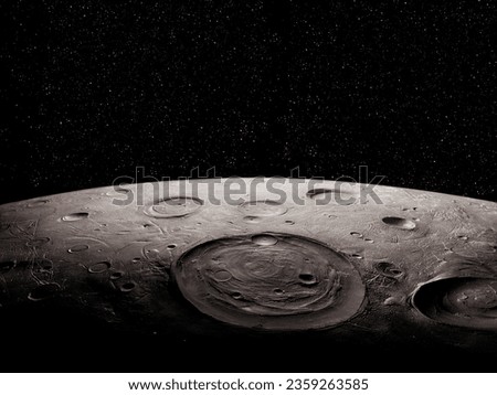 Surface of a planetoid. A small planet in the outer solar system. Moon with craters in space.