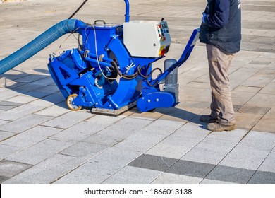 Surface preparation job. Shot blasting machine for re-texturing. Steel shot blasting preparation (cleaning) and creates a nice profile for the coating. - Shutterstock ID 1866013138