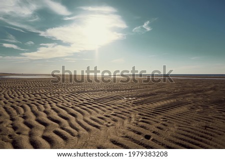 the surface of the sand against a blue sky with white clouds, upward view. 