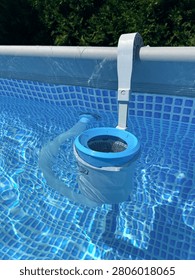 Surface skimmer for above-ground frame and inflatable swimming pools with a removable collection basket. Connected to a filter pump, it efficiently removes leaves, insects, and floating debris to keep pool water clean throughout the summer.