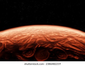 Surface of a stone planet, view from space. Martian landscape, orbital image. Craters and relief of the red planet.