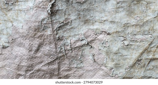 The surface texture of old, worn, and damaged plastic tarpaulin. The surface of the material shows signs of severe weathering, with the outer layer cracked, peeling, and discolored.