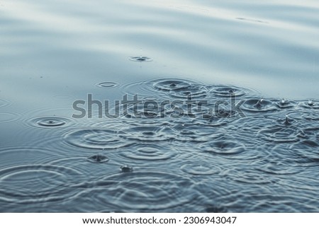 The surface of the water is perturbed by the drops of rain. Splashes on the water. Abstract background.
