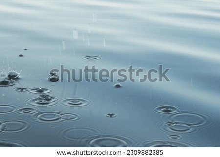 The surface of the water is perturbed by the drops of rain. Splashes on the water. Abstract background.