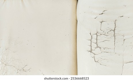 The surface of the white leather sofa has cracks and peeling, revealing the underlying fabric and giving an aged, distressed appearance.

