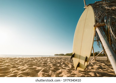Surfboard on beach. Seascape of summer beach with sea and blue sky background.