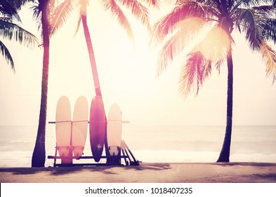 Surfboard and palm tree on beach double exposure with colorful bokeh sun light texture abstract background. Summer vacation and sport extreme concept. Vintage tone filter color style. - Shutterstock ID 1018407235