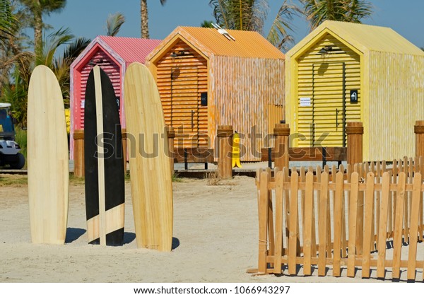 Surfboards Beach Bathing Cabins Dubai United Stock Photo Edit Now