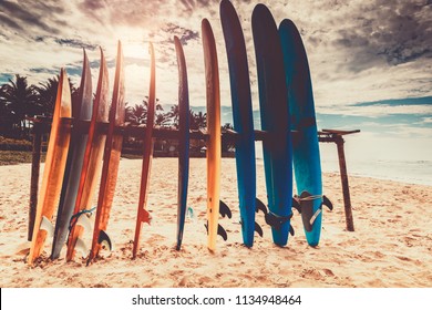 Surfboards, many different surf boards on the beach, water sport, happy active summer vacation - Shutterstock ID 1134948464