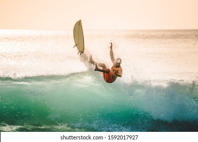 Surfer Falls Off The Board. Surf Wipe Out, Fail, Falling Off The Board, Dangerous 