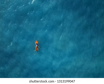 Surfer female paddle on longboard in blue ocean. Drone aerial view
