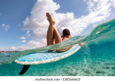Surfer girl at beach at sunrise, Gold Coast.