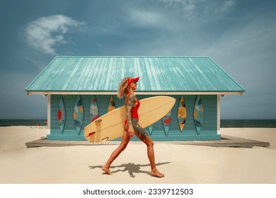 Surfer girl running with board on the sandy beach against surf station. Surfer female.Beautiful young woman at the beach. water sports. Healthy Active Lifestyle. Surfing. Summer Vacation.  - Powered by Shutterstock