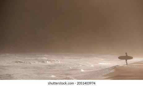 Surfer Holding Board In Sunset Beach Shore