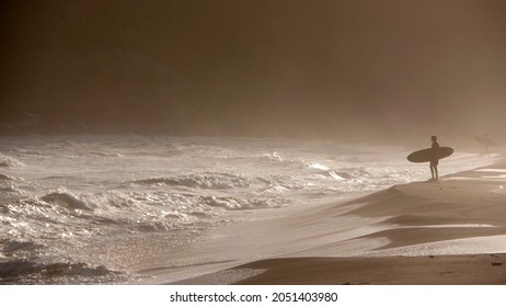 Surfer Holding Board In Sunset Beach Shore