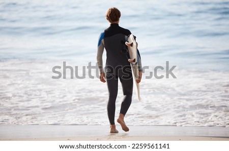 Surfer on beach, man with surfboard for sports outdoor, ocean and travel with mockup space and nature. Adventure, extreme sport and athlete walk, active lifestyle and surfing in Miami with back view