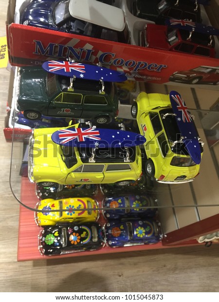 Surfer Paradise, Australia - November 8, 2017: Mini\
vehicle model toys as a souvenir in the gift shop. Variety of mini\
car for sale.