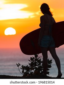 Surfer At Sunset With Malibu Surf Board