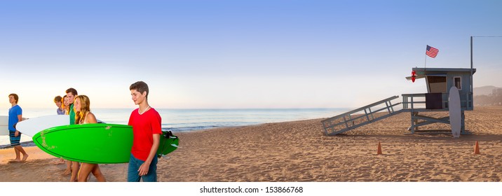 Surfer teenagers boys and girls walking on California beach at Santa Monica [photo-illustration] - Powered by Shutterstock