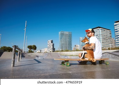 Surfer In Trucker Hat Sits On His Longboard Skate Hugging His Basenji Dog In Empty Morning Skate Park Pool And Looking On Side Backview