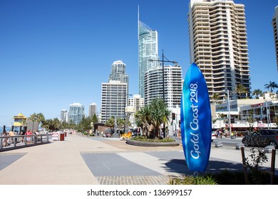 SURFERS PARADISE - APRIL 28: The 2018 Commonwealth Games countdown clock shaped as a surfboard is four meters tall and stands at the beach end of Cavill Ave. March 28, 2013 Surfers Paradise, Australia
