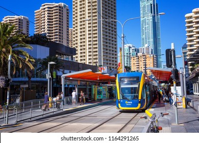 SURFERS PARADISE, AUSTRALIA - AUGUST 10,2018: A tram on the G:Link light rail system awaits departure from Cavill Avenue station.