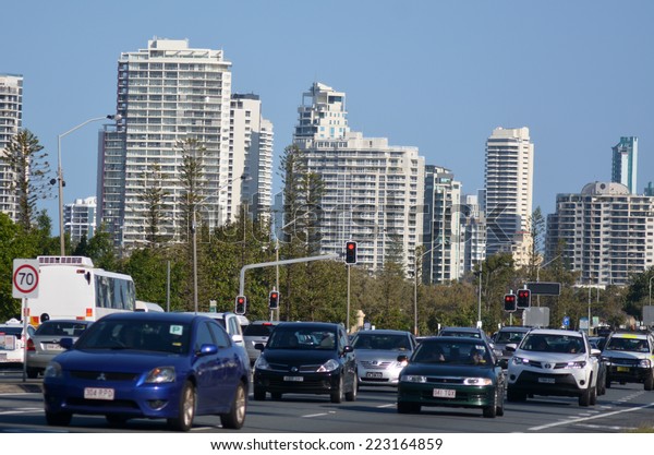 SURFERS PARADISE - SEP 30 2014: Heavy traffic in
Surfers Paradise, one of Australia's iconic coastal tourist
destinations, drawing about 10 million tourists every year from all
over the world.