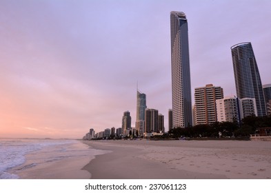 Surfers Paradise skyline at sunrise in Gold Coast Queensland, Australia. No people. Copy space