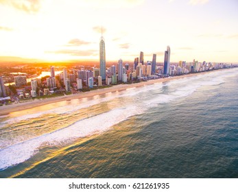 Surfers Paradise Skyline At Sunset From An Aerial View