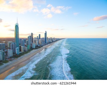 Surfers Paradise Skyline At Sunset From An Aerial View