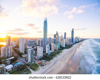 Surfers Paradise skyline at sunset from an aerial view