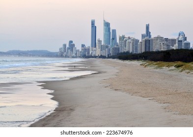 Surfers Paradise skyline as view from the Spit beach in Gold Coast Queensland, Australia.
